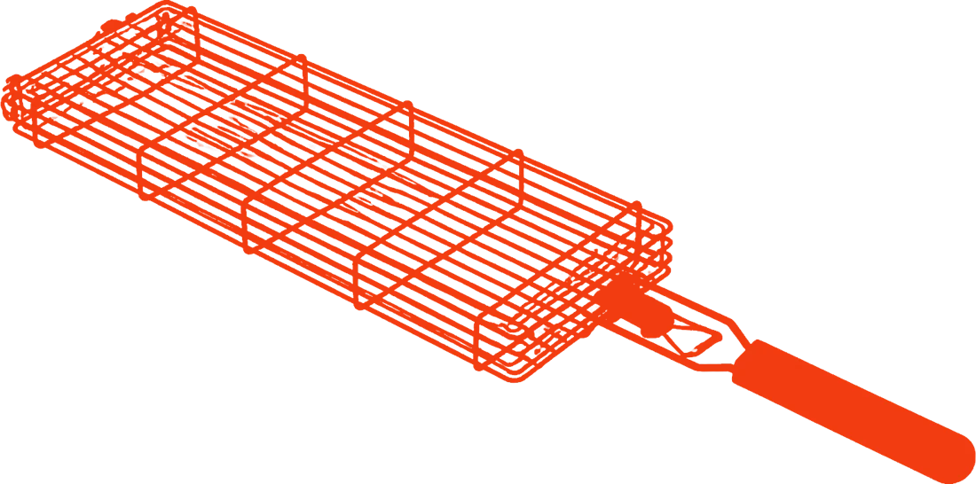 Zeichnung des Grillkorbs KISTE mit Klappdeckel und Holzgriff